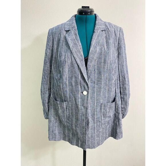 Lane Bryant The Bryant Blazer Linen Blend Rushed Sleeves Striped Button Size 14 - Picture 1 of 9